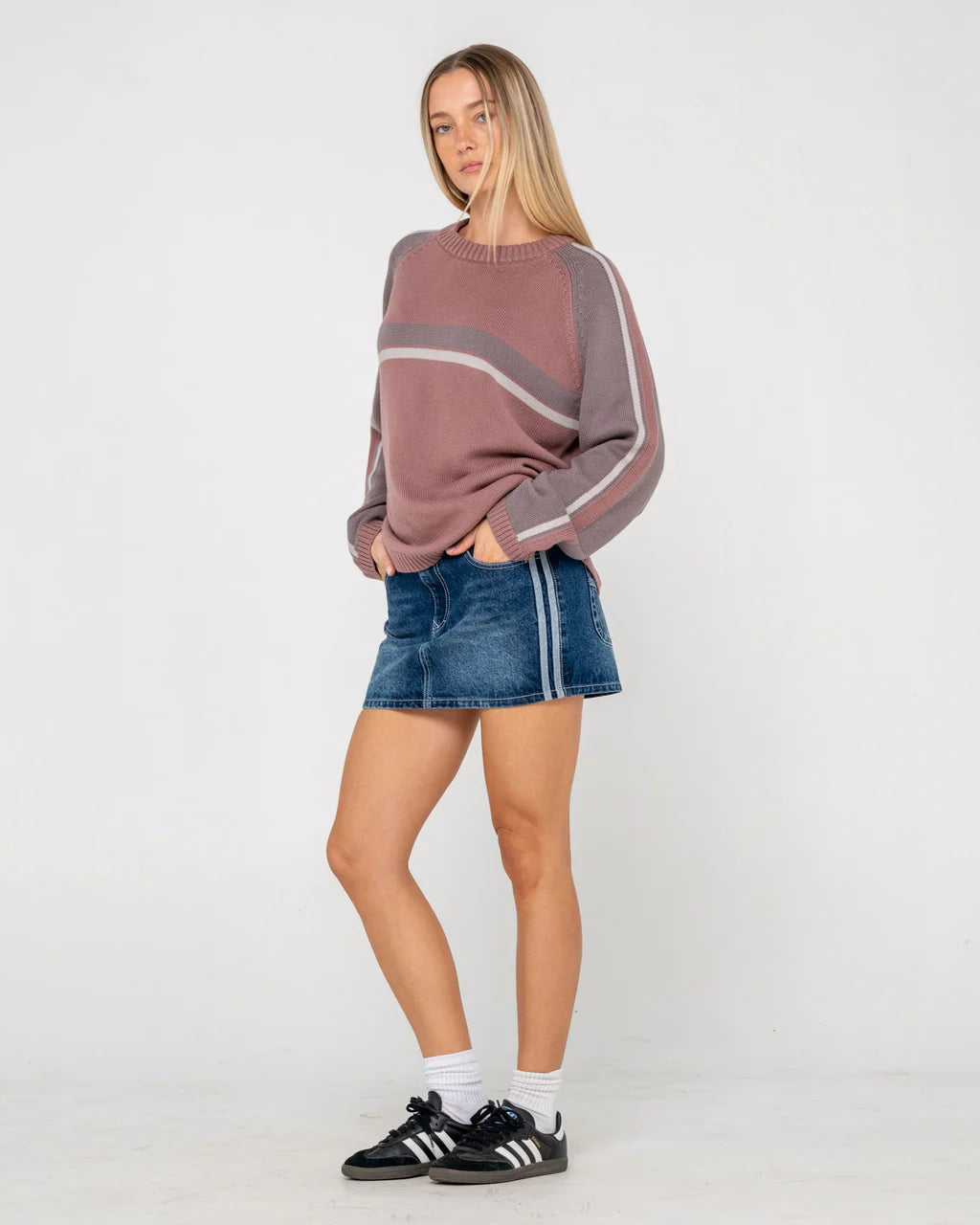 Rusty White Lines Two L/S Crew Neck Knit