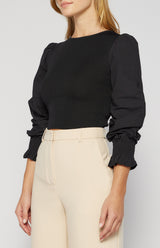 Style State Knit Top With Contrast Woven Sleeves