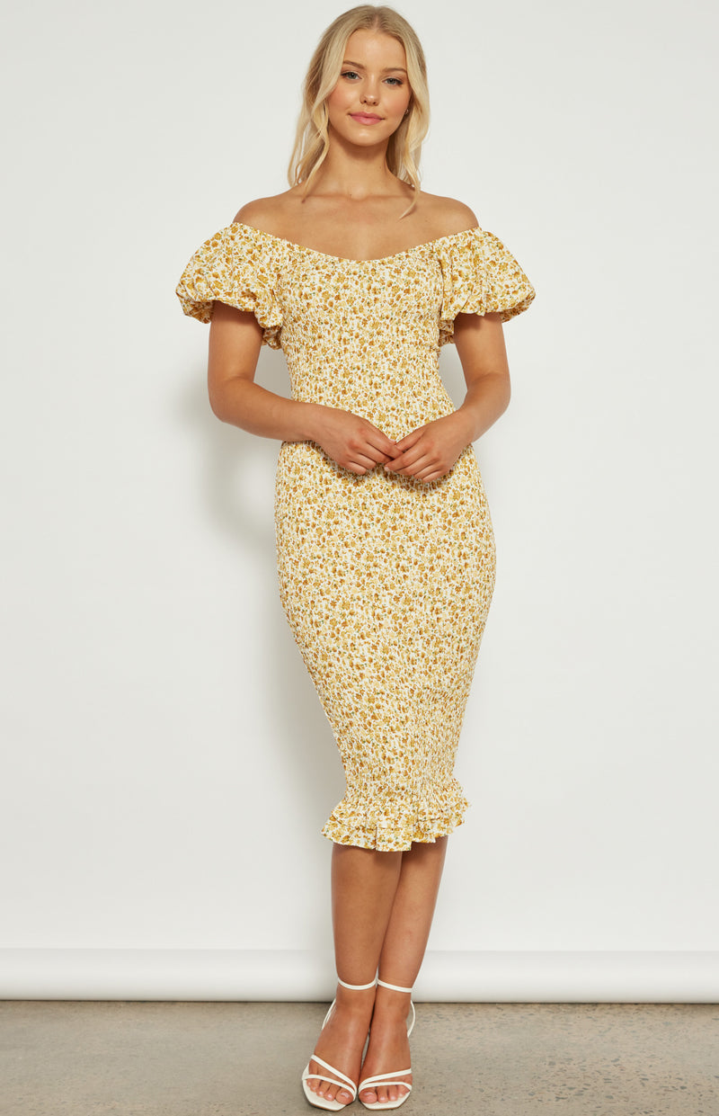 Winnie & Co Ditsy Floral Ruffle Sleeve Shirred Midi Dress