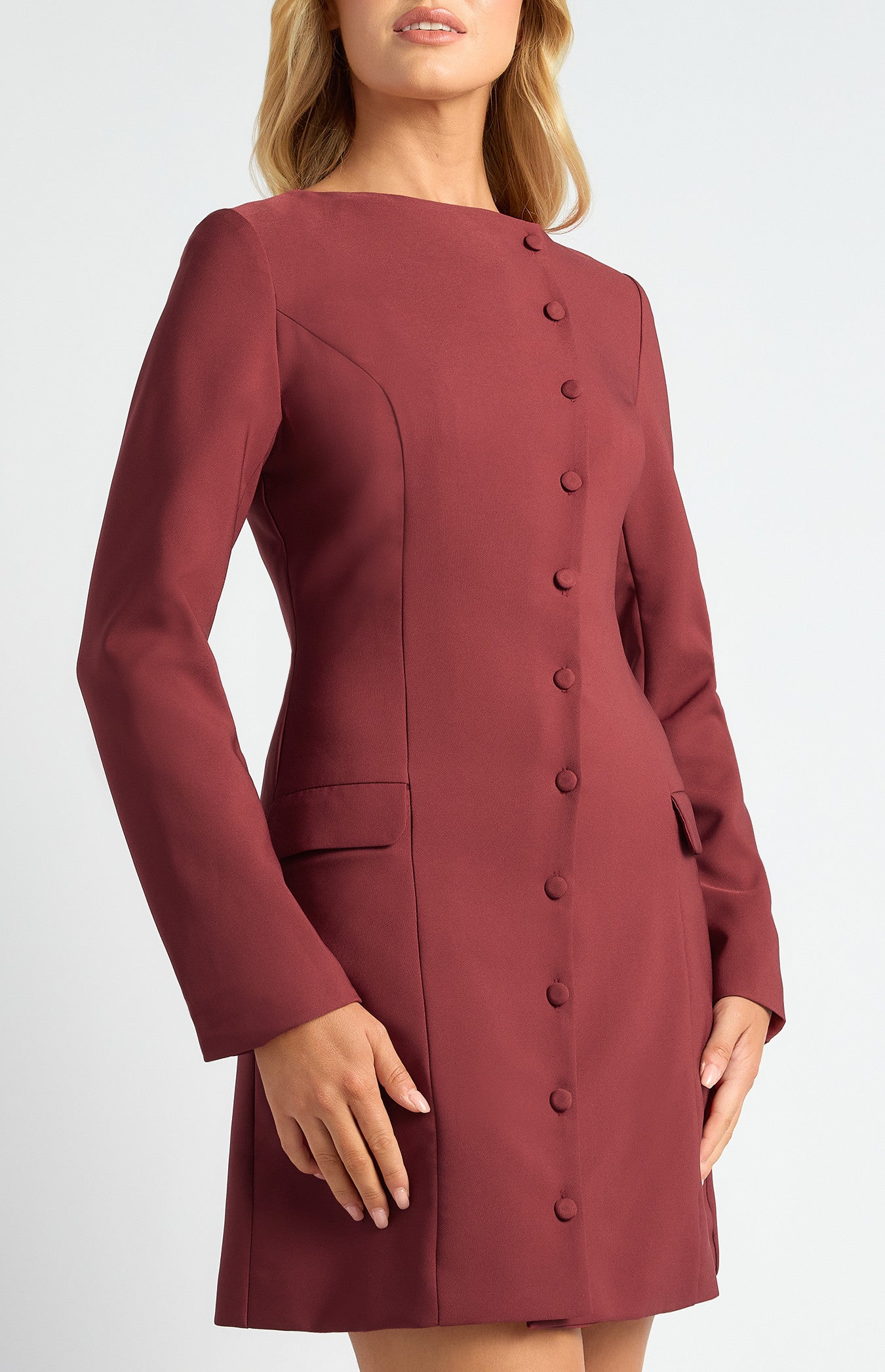 Style State Asymmetric Self Covered Buttons Detail Blazer Dress