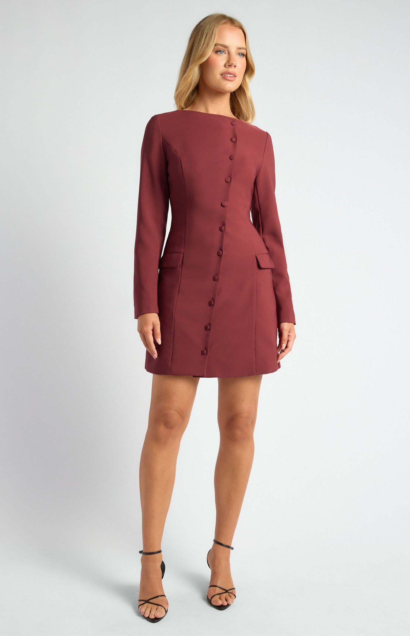 Style State Asymmetric Self Covered Buttons Detail Blazer Dress
