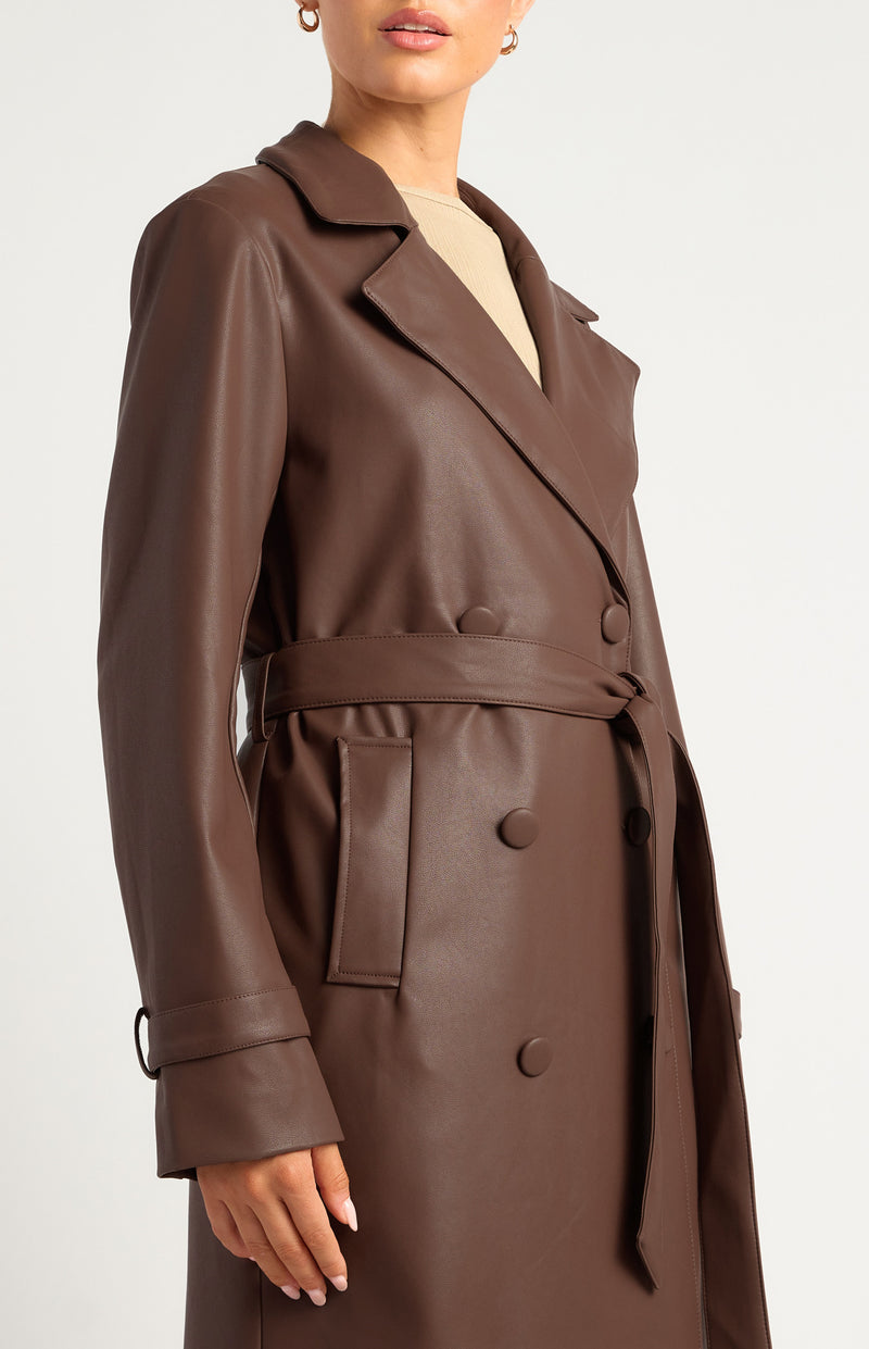 Winnie And Co Faux Leather Double Breasted Longline Trench Coat