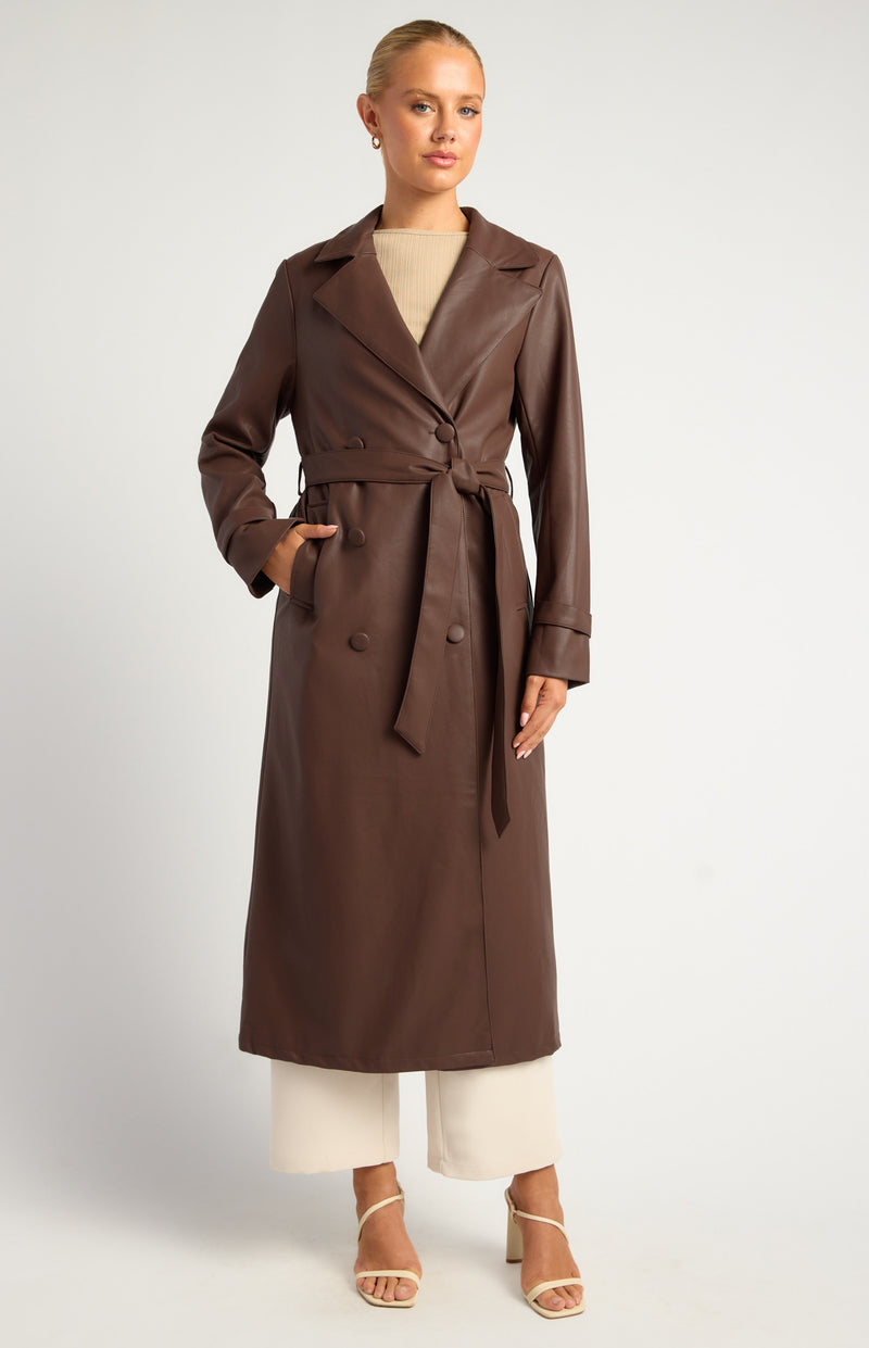 Winnie And Co Faux Leather Double Breasted Longline Trench Coat