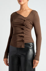Style State Asymmetric Neckline Jersey With Button Ruffle Feature Top