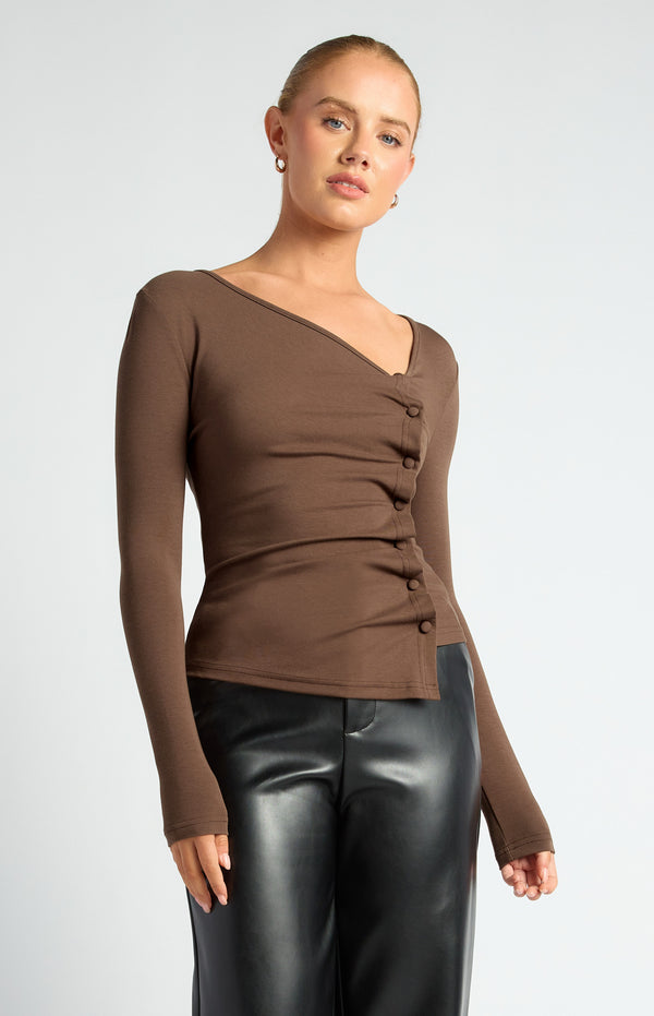Style State Asymmetric Neckline Jersey With Button Ruffle Feature Top