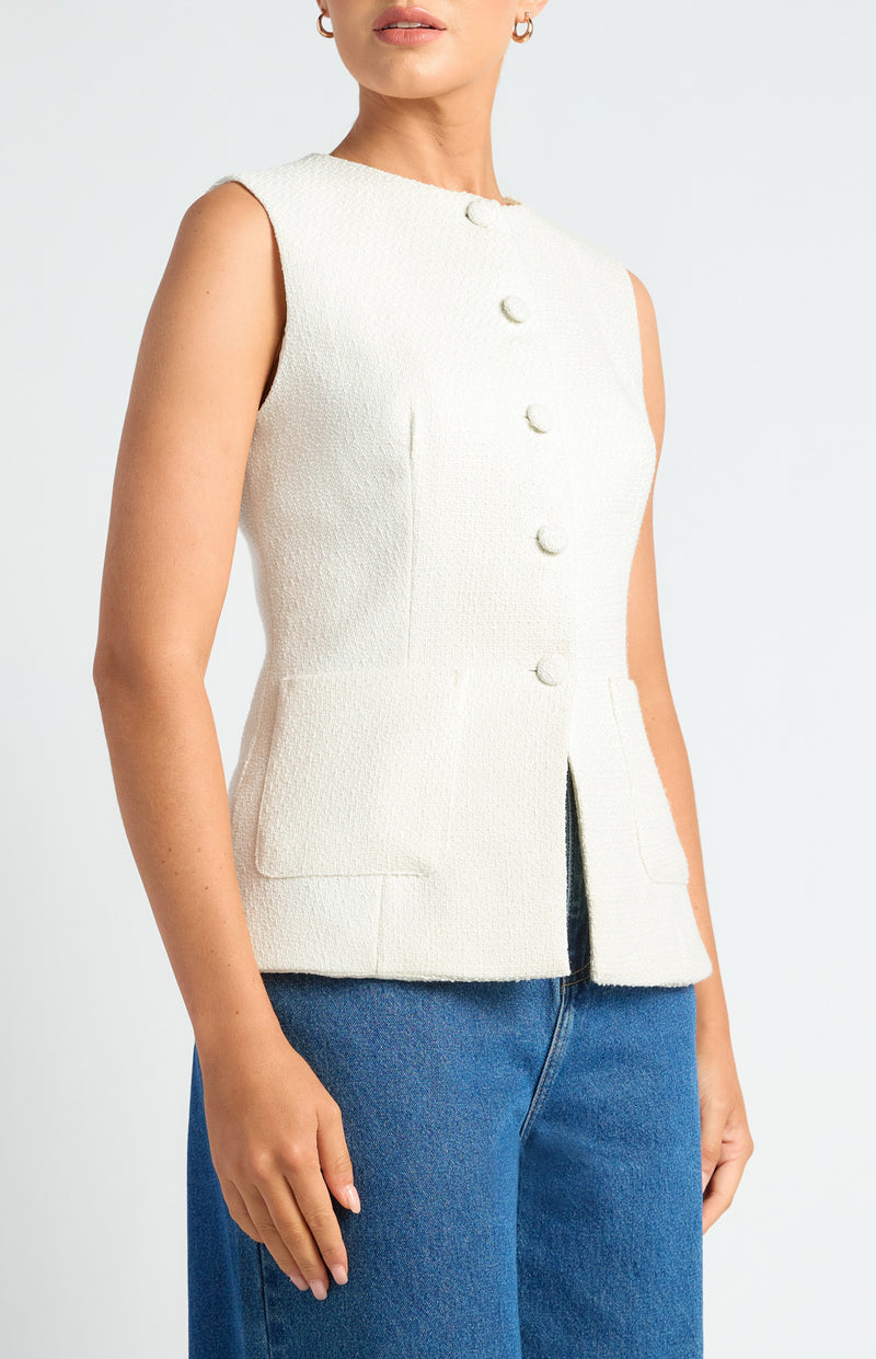 Style State Tweed Vest With Self Fabric Buttons and Patch Pockets