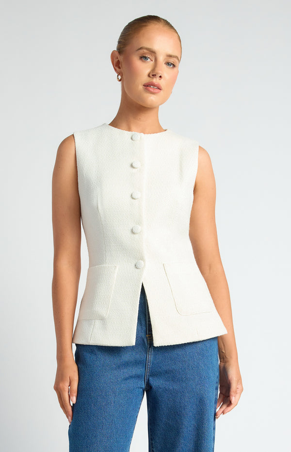 Style State Tweed Vest With Self Fabric Buttons and Patch Pockets
